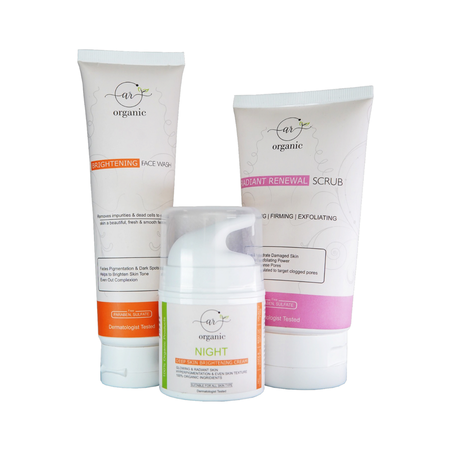 Night Deep Skin Brightening Cream + Brightening Face Wash + Radiant Renewal Scrub - Ar Organic